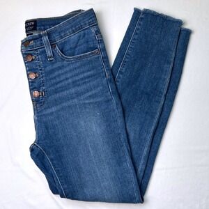J Crew High Rise Skinny Jeans Button Fly Frayed Hem Blue Denim Size 26 Stretch